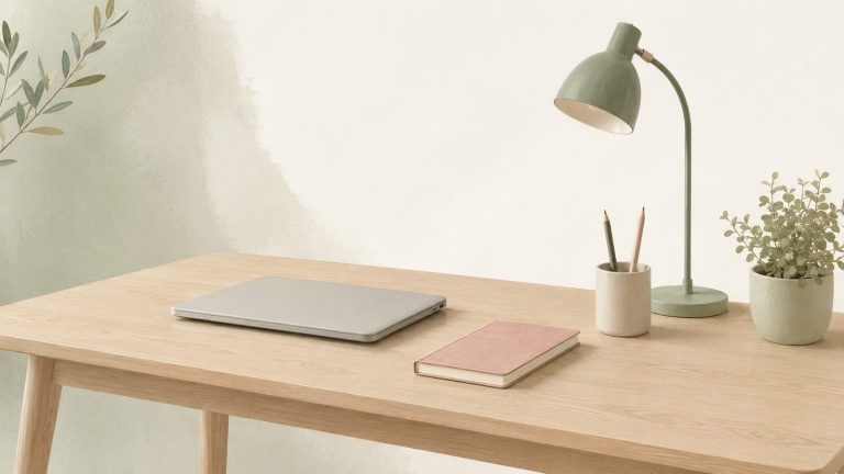 Bureau au plan de travail entièrement dégagé, carnet et plante